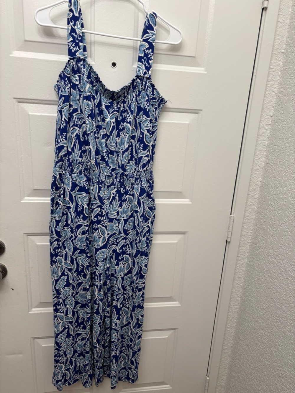 Boden Blue and White Floral Strapless Jumpsuit